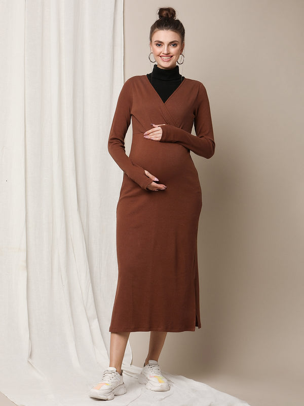 maternity nursing rib knit overlay dress Brown black1 ae207e59 8a8c 43e1 89dd